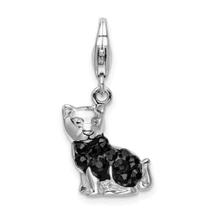 Amore La Vita Sterling Silver Rhodium-plated Polished Enameled Swarovski Crystal Black Cat Charm with Fancy Lobster Clasp QCC388