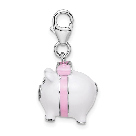 Amore La Vita Sterling Silver Rhodium-plated Polished 3-D Enameled Pig Charm with Fancy Lobster Clasp QCC394