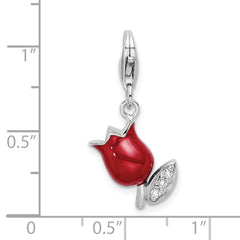Amore La Vita Sterling Silver Rhodium-plated Polished CZ Red Enameled Tulip Flower Charm with Fancy Lobster Clasp QCC398