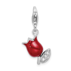 Amore La Vita Sterling Silver Rhodium-plated Polished CZ Red Enameled Tulip Flower Charm with Fancy Lobster Clasp QCC398