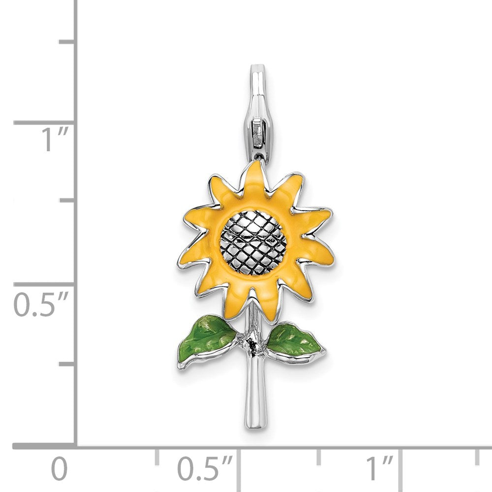 Amore La Vita Sterling Silver Rhodium-plated Polished 3-D Enameled Sunflower Charm with Fancy Lobster Clasp QCC400