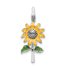 Amore La Vita Sterling Silver Rhodium-plated Polished 3-D Enameled Sunflower Charm with Fancy Lobster Clasp QCC400