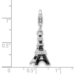 Amore La Vita Sterling Silver Rhodium-plated Polished Black Enameled CZ Eiffel Tower Charm with Fancy Lobster Clasp QCC450