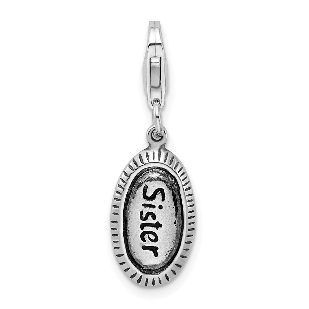 Amore La Vita Sterling Silver Rhodium-plated Polished Antiqued SISTER Charm with Fancy Lobster Clasp QCC693