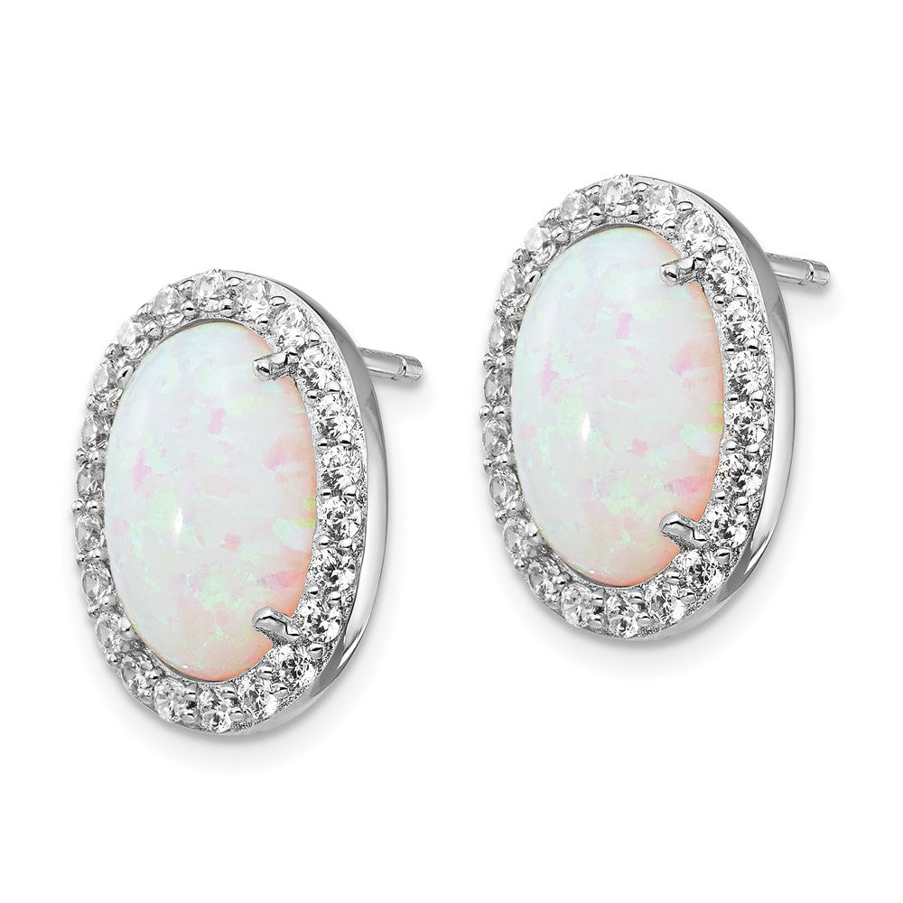 QCM1000 Cheryl M Sterling Silver Rhodium-plated Cabochon Lab Created Opal and Brilliant-cut CZ Oval Halo Post Earrings
