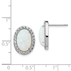 QCM1000 Cheryl M Sterling Silver Rhodium-plated Cabochon Lab Created Opal and Brilliant-cut CZ Oval Halo Post Earrings