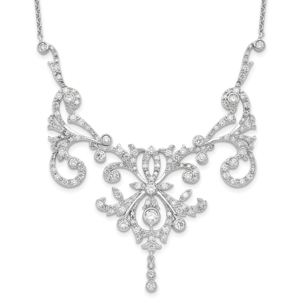 Cheryl M Sterling Silver Rhodium-plated Brilliant-cut CZ Bezel Fancy Scroll 17 Inch Necklace with 2 Inch Extender QCM109-17