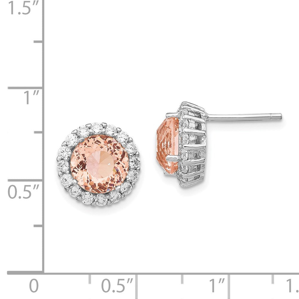 QCM1092 Cheryl M Sterling Silver Rhodium-plated 100 Facet Simulated Morganite and White Brilliant-cut CZ Halo Post Earrings