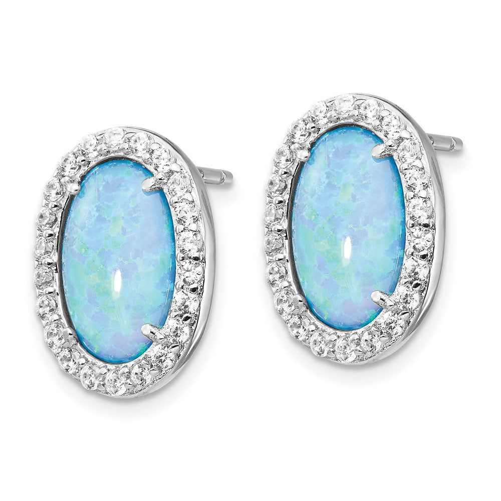 QCM1383 Cheryl M Sterling Silver Rhodium-plated Cabochon Lab Created Blue Opal and Brilliant-cut CZ Oval Post Earrings