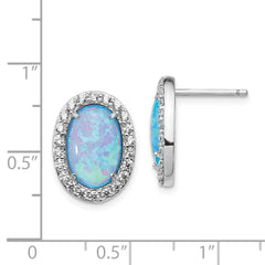 QCM1383 Cheryl M Sterling Silver Rhodium-plated Cabochon Lab Created Blue Opal and Brilliant-cut CZ Oval Post Earrings