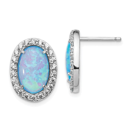 QCM1383 Cheryl M Sterling Silver Rhodium-plated Cabochon Lab Created Blue Opal and Brilliant-cut CZ Oval Post Earrings