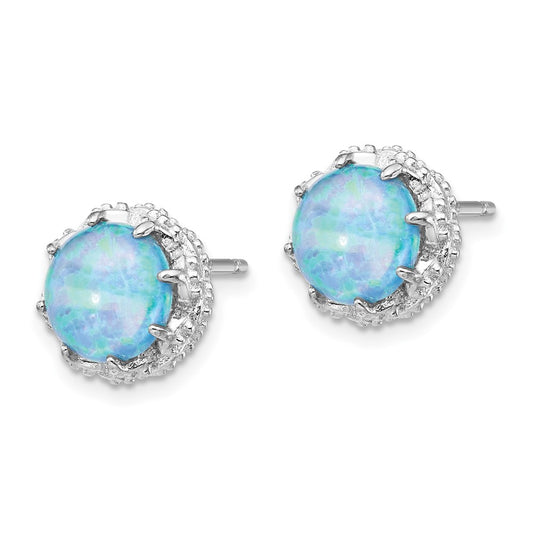 QCM1389 Cheryl M Sterling Silver Rhodium-plated Cabochon Lab Created Blue Opal and Brilliant-cut CZ Post Earrings
