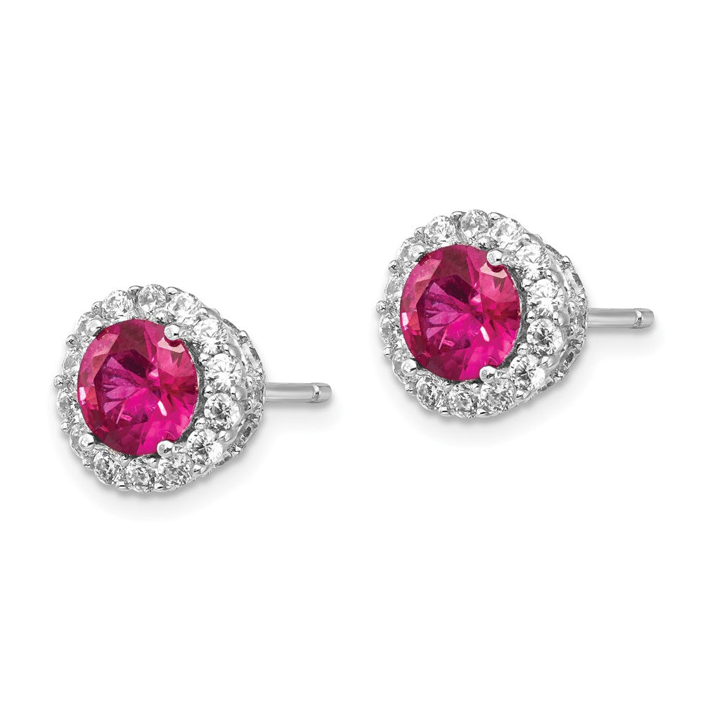QCM1393 Cheryl M Sterling Silver Rhodium-plated Brilliant-cut Lab Created Ruby and Brilliant-cut White CZ Round Halo Post Earrings
