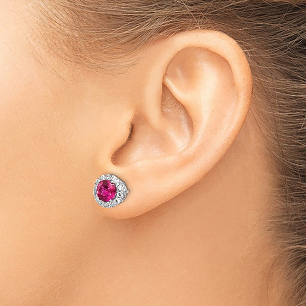 QCM1393 Cheryl M Sterling Silver Rhodium-plated Brilliant-cut Lab Created Ruby and Brilliant-cut White CZ Round Halo Post Earrings