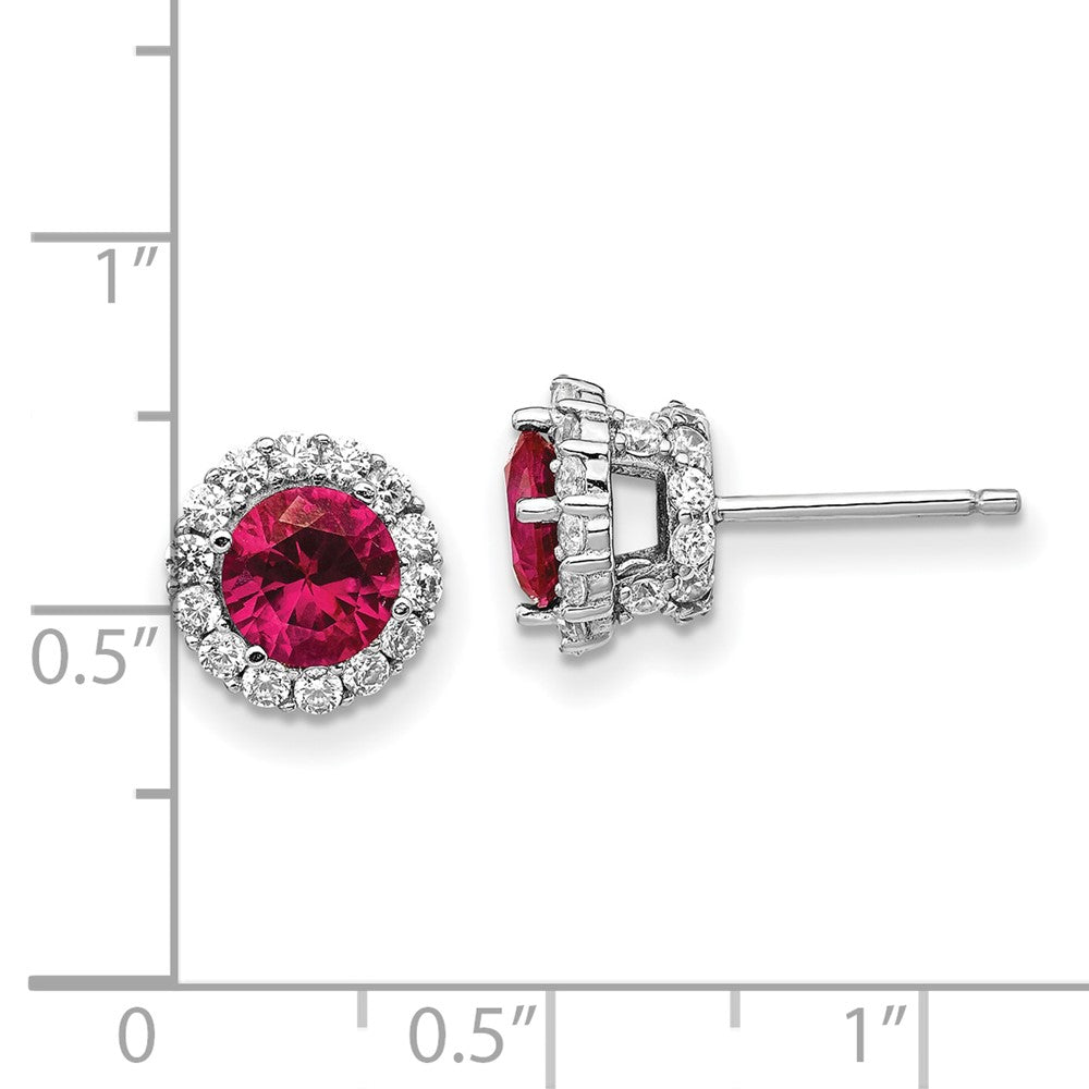 QCM1393 Cheryl M Sterling Silver Rhodium-plated Brilliant-cut Lab Created Ruby and Brilliant-cut White CZ Round Halo Post Earrings