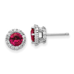 QCM1393 Cheryl M Sterling Silver Rhodium-plated Brilliant-cut Lab Created Ruby and Brilliant-cut White CZ Round Halo Post Earrings
