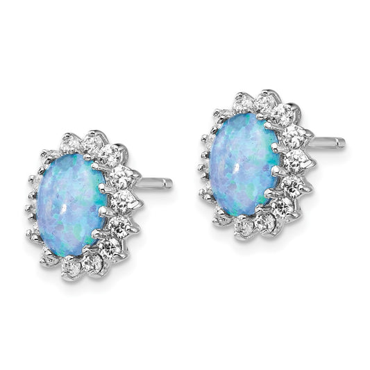 QCM1396 Cheryl M Sterling Silver Rhodium-plated Cabochon Lab Created Blue Opal and Brilliant-cut CZ Post Earrings