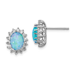 QCM1396 Cheryl M Sterling Silver Rhodium-plated Cabochon Lab Created Blue Opal and Brilliant-cut CZ Post Earrings