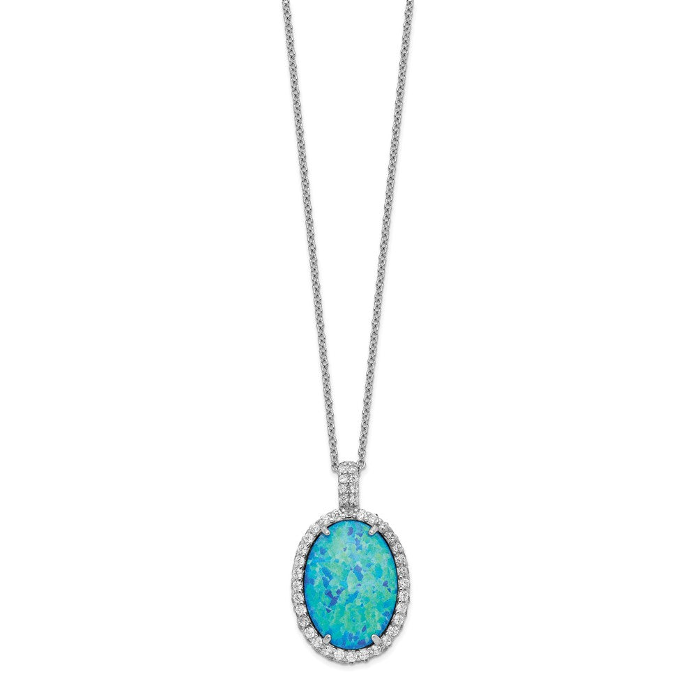 Cheryl M Sterling Silver Rhodium-plated Cabochon Lab Created Blue Opal and Brilliant-cut CZ Oval 18.5 Inch Necklace QCM1399-18.5