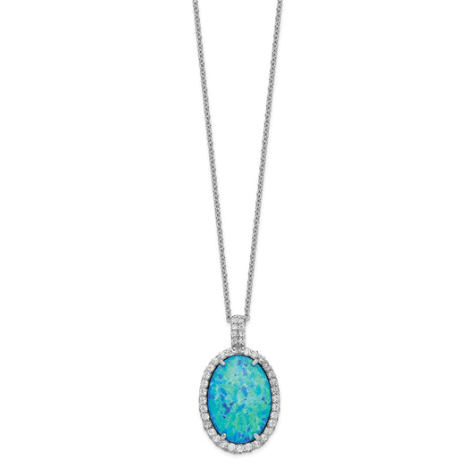 Cheryl M Sterling Silver Rhodium-plated Cabochon Lab Created Blue Opal and Brilliant-cut CZ Oval 18.5 Inch Necklace QCM1399-18.5