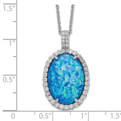 Cheryl M Sterling Silver Rhodium-plated Cabochon Lab Created Blue Opal and Brilliant-cut CZ Oval 18.5 Inch Necklace QCM1399-18.5