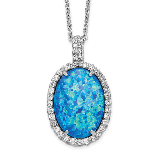Cheryl M Sterling Silver Rhodium-plated Cabochon Lab Created Blue Opal and Brilliant-cut CZ Oval 18.5 Inch Necklace QCM1399-18.5
