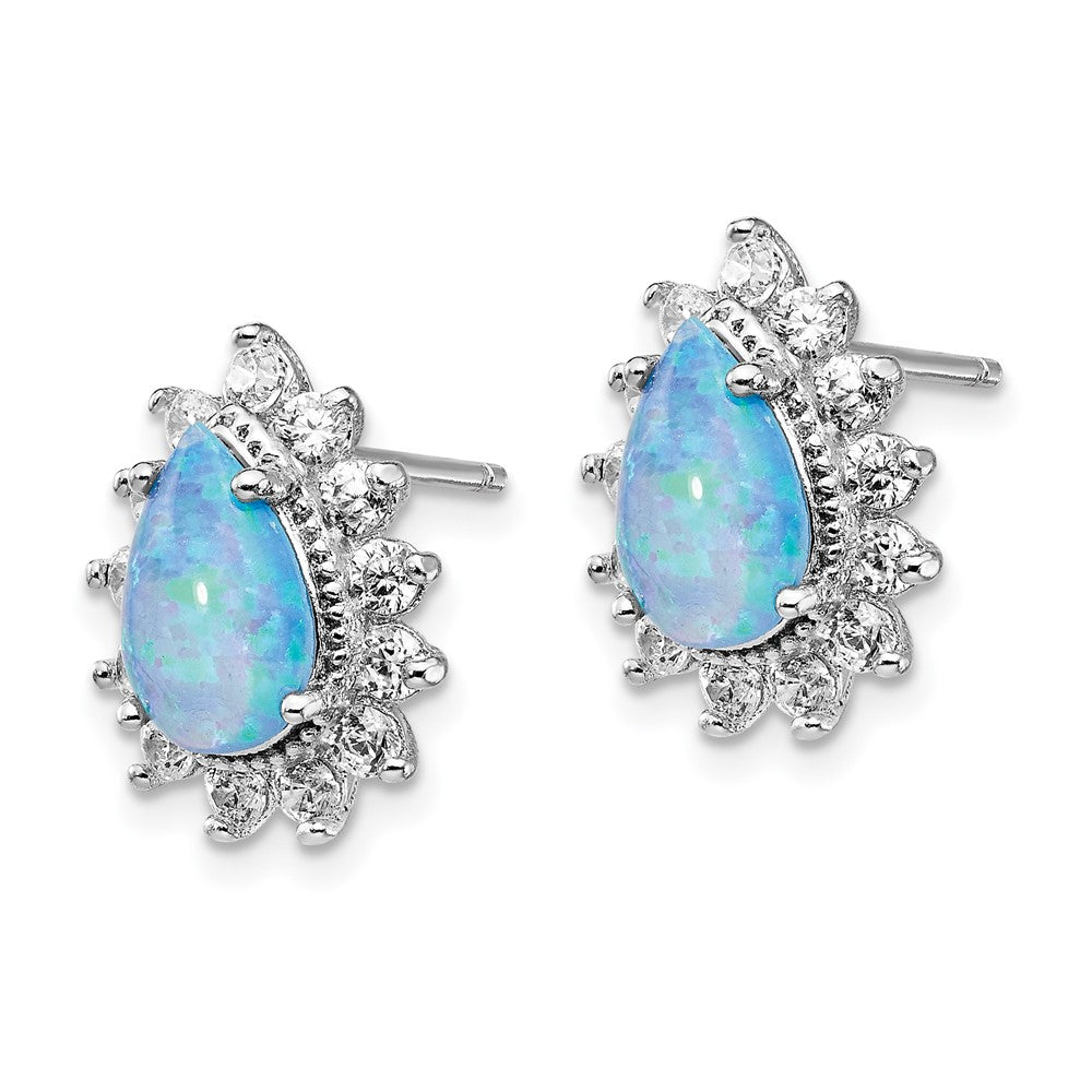 QCM1405 Cheryl M Sterling Silver Rhodium-plated Cabochon Lab Created Blue Opal and Brilliant-cut CZ Teardrop Shaped Post Earrings