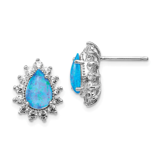 QCM1405 Cheryl M Sterling Silver Rhodium-plated Cabochon Lab Created Blue Opal and Brilliant-cut CZ Teardrop Shaped Post Earrings