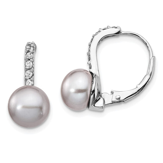 QCM1406 Cheryl M Sterling Silver Rhodium-plated Grey Freshwater Cultured Pearl and Brilliant-cut CZ Leverback Earrings