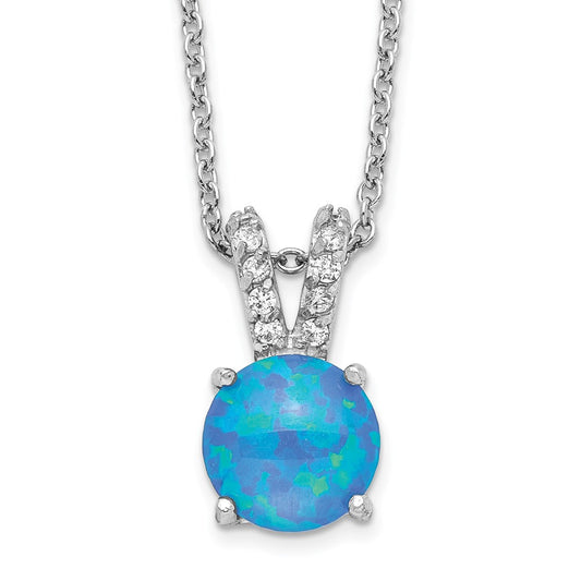 Cheryl M Sterling Silver Rhodium-plated Cabochon Lab Created Blue Opal and Brilliant-cut CZ Split Bail 18.5 Inch Necklace QCM1411-18.5