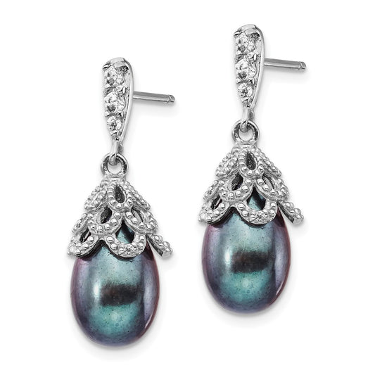 QCM1412 Cheryl M Sterling Silver Rhodium-plated Black Teardrop Freshwater Cultured Pearl and Brilliant-cut CZ Post Dangle Earrings