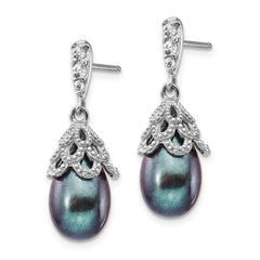 QCM1412 Cheryl M Sterling Silver Rhodium-plated Black Teardrop Freshwater Cultured Pearl and Brilliant-cut CZ Post Dangle Earrings