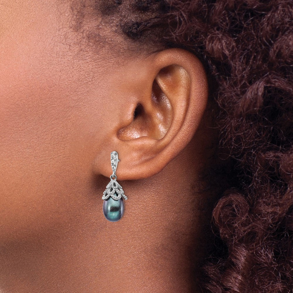 QCM1412 Cheryl M Sterling Silver Rhodium-plated Black Teardrop Freshwater Cultured Pearl and Brilliant-cut CZ Post Dangle Earrings