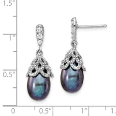 QCM1412 Cheryl M Sterling Silver Rhodium-plated Black Teardrop Freshwater Cultured Pearl and Brilliant-cut CZ Post Dangle Earrings