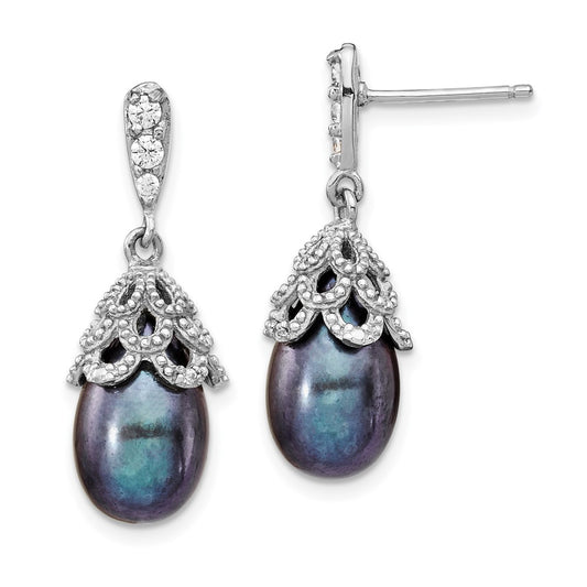 QCM1412 Cheryl M Sterling Silver Rhodium-plated Black Teardrop Freshwater Cultured Pearl and Brilliant-cut CZ Post Dangle Earrings