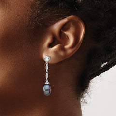 QCM1413 Cheryl M Sterling Silver Rhodium-plated Black Teardrop Freshwater Cultured Pearl and Brilliant-cut CZ Bezel Post Dangle Earrings