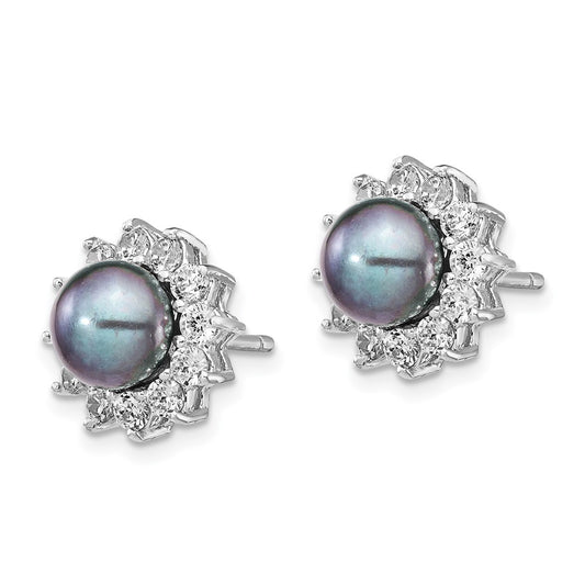 QCM1414 Cheryl M Sterling Silver Rhodium-plated Black Freshwater Cultured Pearl and Brilliant-cut CZ Post Earrings
