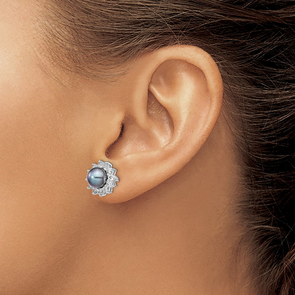 QCM1414 Cheryl M Sterling Silver Rhodium-plated Black Freshwater Cultured Pearl and Brilliant-cut CZ Post Earrings