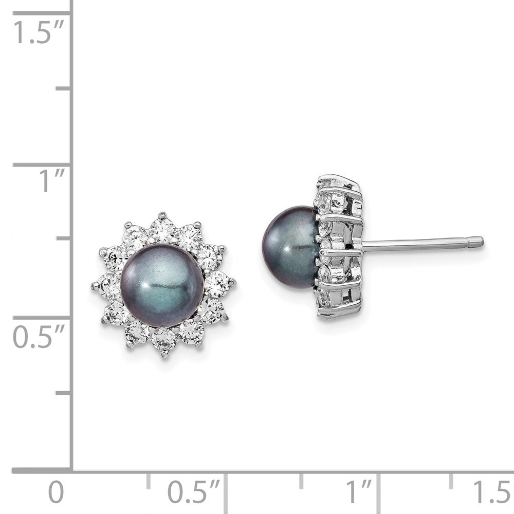 QCM1414 Cheryl M Sterling Silver Rhodium-plated Black Freshwater Cultured Pearl and Brilliant-cut CZ Post Earrings