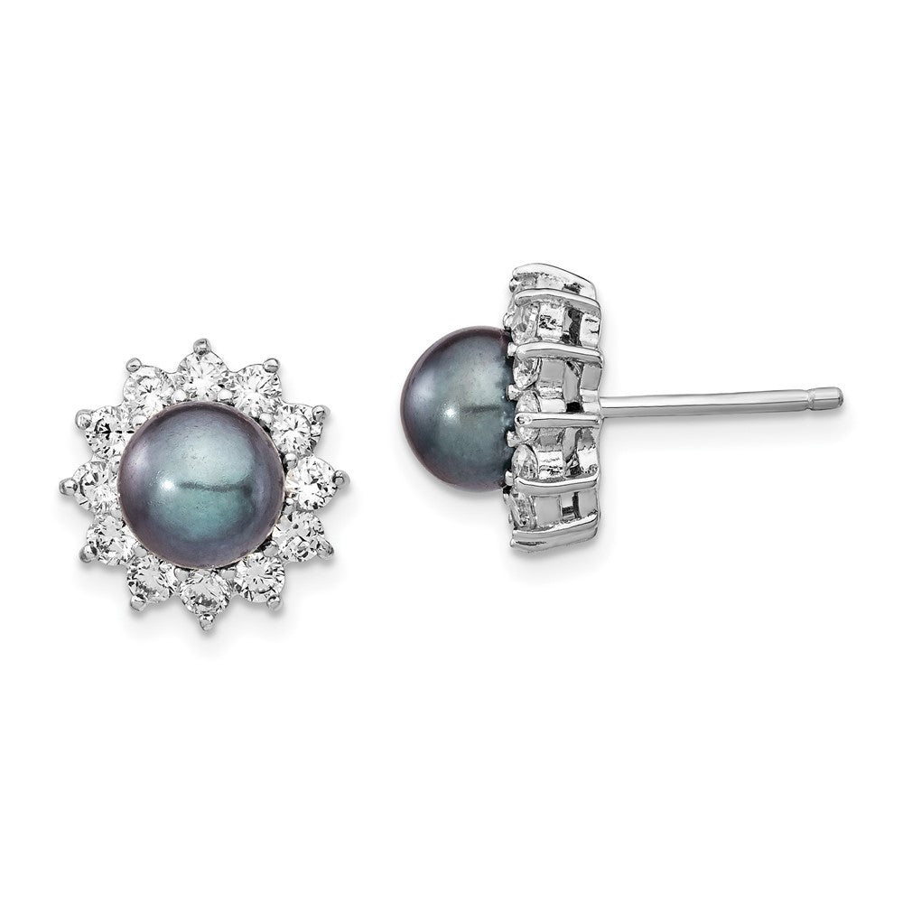 QCM1414 Cheryl M Sterling Silver Rhodium-plated Black Freshwater Cultured Pearl and Brilliant-cut CZ Post Earrings