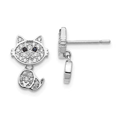 QCM1437 Cheryl M Sterling Silver Rhodium-plated Moveable Brilliant-cut Black and White CZ Cat Post Dangle Earrings