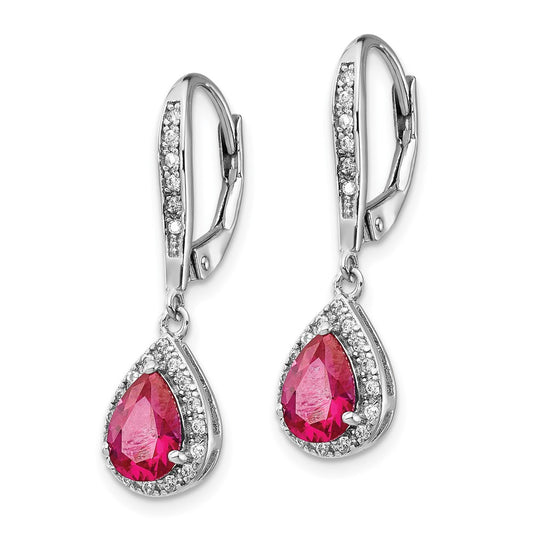 QCM1441 Cheryl M Sterling Silver Rhodium-plated Brilliant-cut Lab Created Ruby and Brilliant-cut White CZ Teardrop Leverback Dangle Earrings