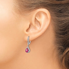 QCM1441 Cheryl M Sterling Silver Rhodium-plated Brilliant-cut Lab Created Ruby and Brilliant-cut White CZ Teardrop Leverback Dangle Earrings
