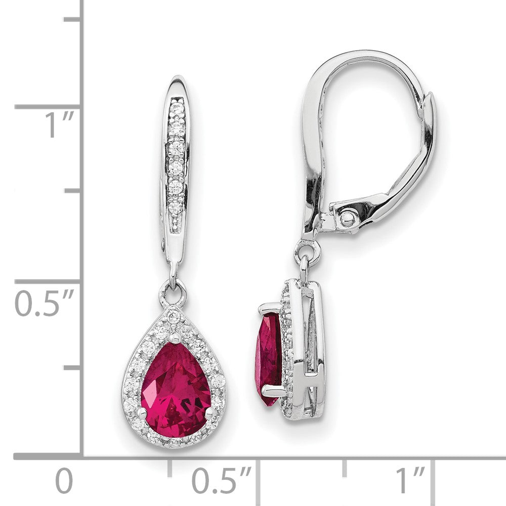 QCM1441 Cheryl M Sterling Silver Rhodium-plated Brilliant-cut Lab Created Ruby and Brilliant-cut White CZ Teardrop Leverback Dangle Earrings