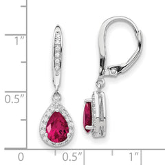QCM1441 Cheryl M Sterling Silver Rhodium-plated Brilliant-cut Lab Created Ruby and Brilliant-cut White CZ Teardrop Leverback Dangle Earrings