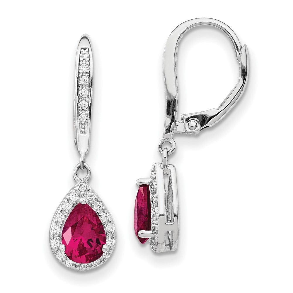 QCM1441 Cheryl M Sterling Silver Rhodium-plated Brilliant-cut Lab Created Ruby and Brilliant-cut White CZ Teardrop Leverback Dangle Earrings