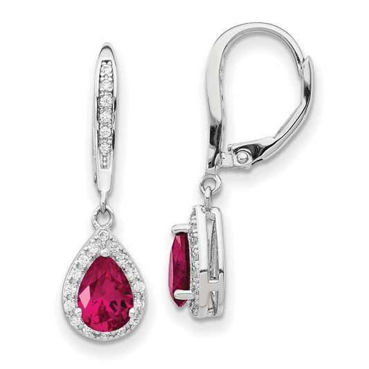 QCM1441 Cheryl M Sterling Silver Rhodium-plated Brilliant-cut Lab Created Ruby and Brilliant-cut White CZ Teardrop Leverback Dangle Earrings