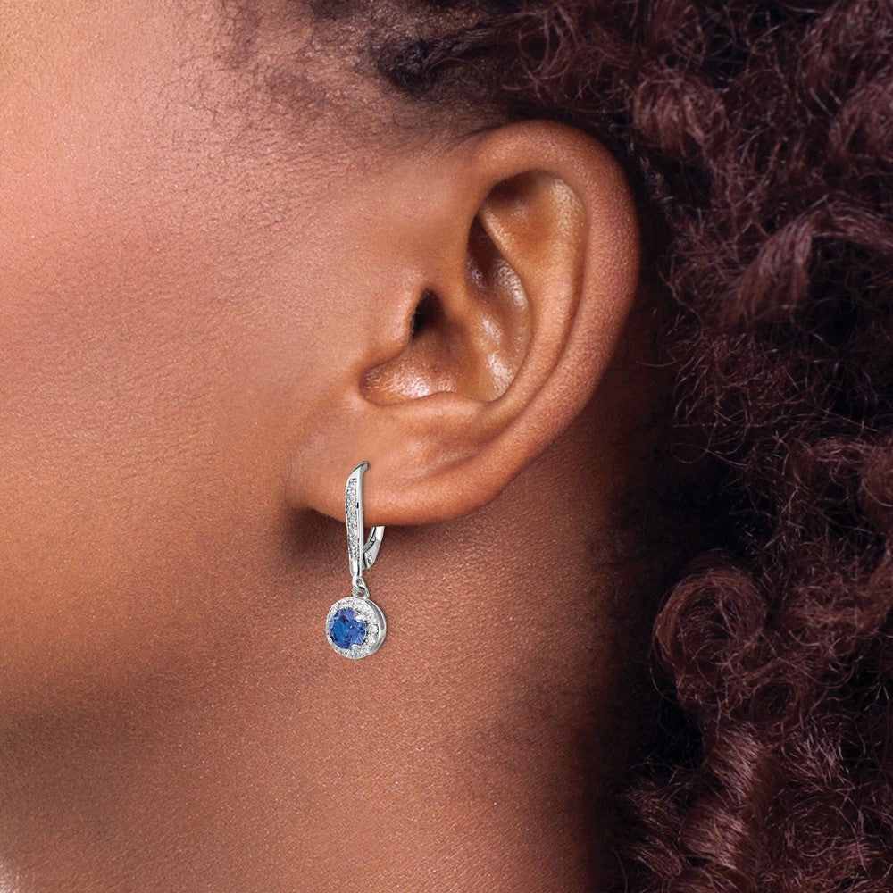 QCM1442 Cheryl M Sterling Silver Rhodium-plated Brilliant-cut Lab Created Dark Blue Spinel and Brilliant-cut White CZ Round Halo Leverback Dangle Earrings