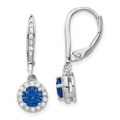 QCM1442 Cheryl M Sterling Silver Rhodium-plated Brilliant-cut Lab Created Dark Blue Spinel and Brilliant-cut White CZ Round Halo Leverback Dangle Earrings