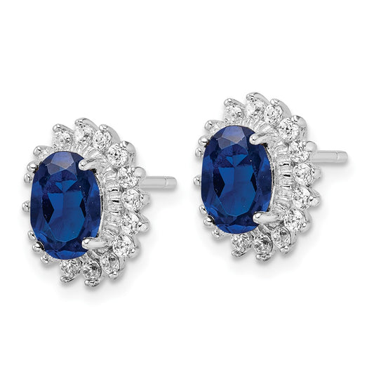 QCM1462 Cheryl M Sterling Silver Rhodium-plated Brilliant-cut Lab Created Dark Blue Spinel and Brilliant-cut White CZ Oval Halo Post Earrings